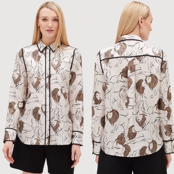 Lafayette 148 Scottie Lion Print Silk Blouse - Picture 1 of 8